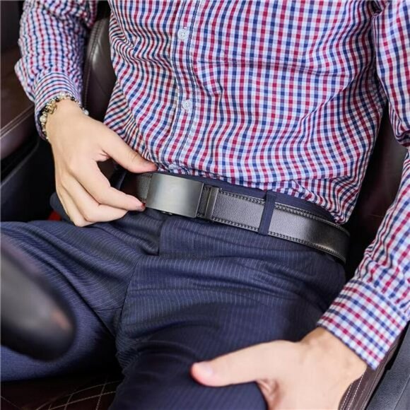 Mens Leather Ratchet Belt Adjustable Slide Buckle Dress Casual Work Jeans - Picture 3 of 7